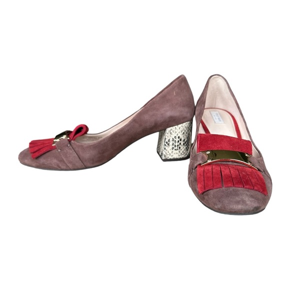 Cole Haan Margarite Kiltie Loafer Pump Brown & Red Suede Snake Heel Size 8.5 - Picture 7 of 12
